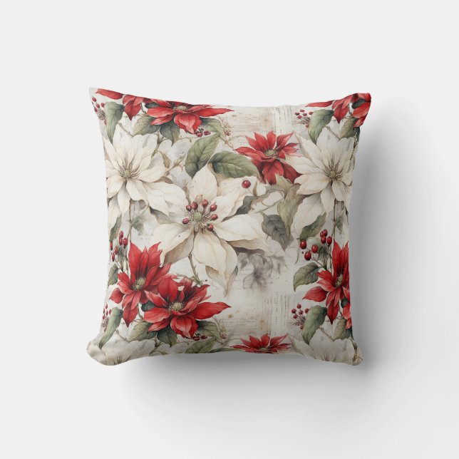 Coussin Élégance baisée à la neige : Poinsettia blanche et (Recto)