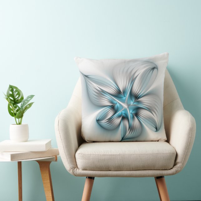 Coussin Élégance florale Art moderne Abstrait bleu fractal (Chaise)