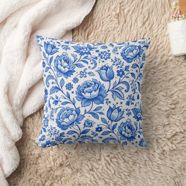 Coussin Élégance florale bleue et blanche (Couverture)