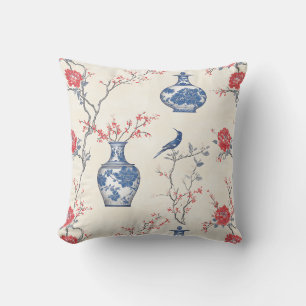 Coussin Elégance orientale : Porcelaine bleue et fleurs
