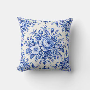 Coussin Élégance porcelaine vintage fleurs bleues