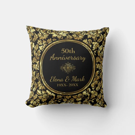 Coussin Élégant 50e anniversaire de Mariage Black & Gold (Recto)