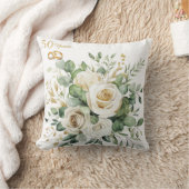 Coussin Élégant 50e anniversaire Roses blanches Bagues or (Couverture)