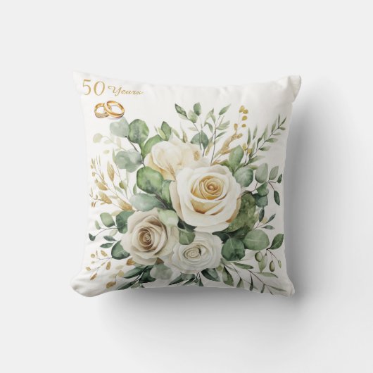 Coussin Élégant 50e anniversaire Roses blanches Bagues or (Recto)