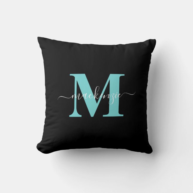 Coussin Elégant Aqua Blue Black Monogramme Nom (Recto)