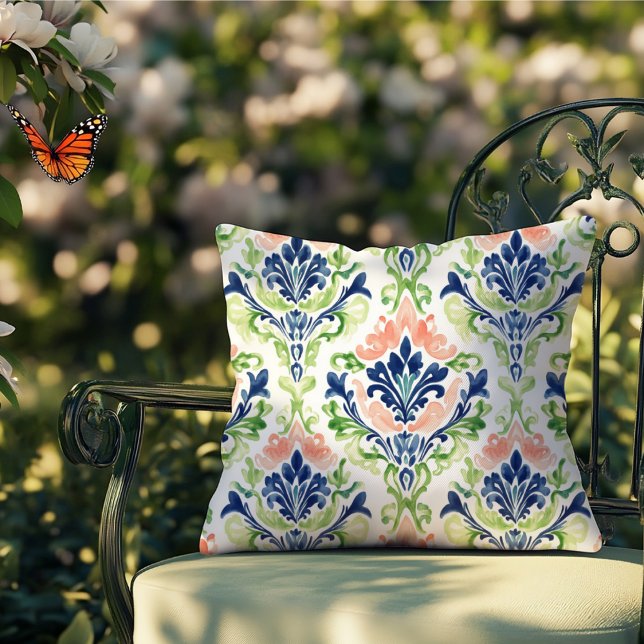 Coussin Elégant aquarelle Corail rose Bleu Damas motif (Créateur téléchargé)