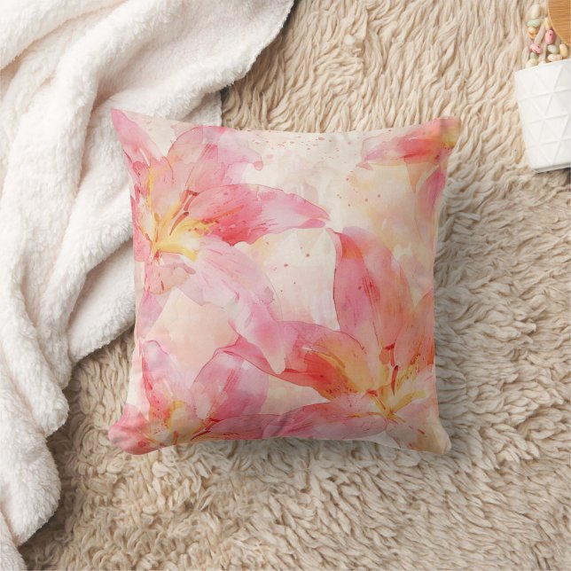 Coussin Elégant Aquarelle rose Lily Floral Jeu d'oreiller (Couverture)