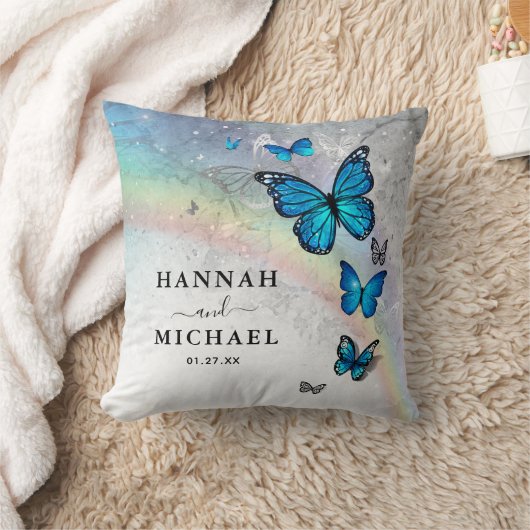 Coussin Elégant Argent Arc-en-ciel et Mariage Papillon ble (Couverture)