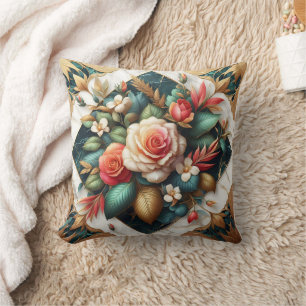 Coussin Élégant Arrangement Rose Avec Accents Feuilles