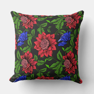 Coussin Élégant Arrière - plan rouge bleu Fleur noir