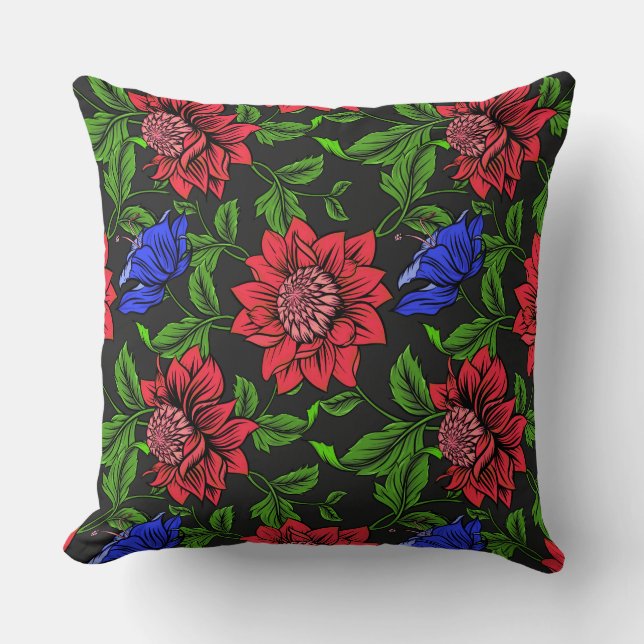 Coussin Élégant Arrière - plan rouge bleu Fleur noir (Recto)