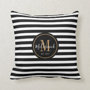 Coussin Élégant Awning Stripes Noir Blanc Nom Monogramme