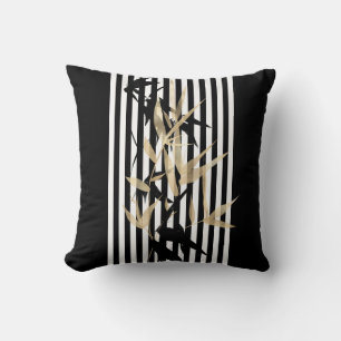 Coussin Élégant Bambou Noir Blanc Rayure Or Asiatique