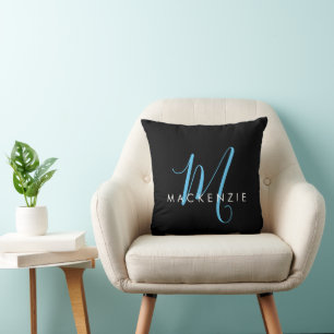 Coussin Élégant Black Sky Blue Script Monogramme moderne