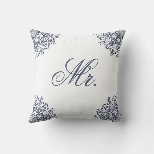Coussin Elégant Blanc Bleu Mr & Mrs Correspondant Ses & He (Verso)