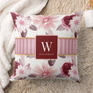 Coussin Élégant blanc Magenta rose floral rayure Monogramm