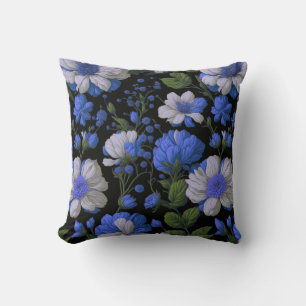 Coussin Elégant bleu argenté blanc élégant floral rétro
