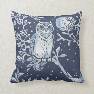 Coussin Elégant Bleu Blanc Forêt Chouette Lune Woodland 