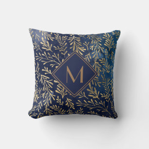 Coussin Elégant bleu marine or Aquarelle Feuille Monogramm
