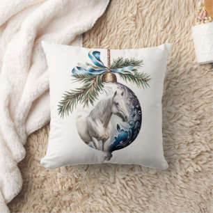 Coussin Elégant bleu Noël blanc cheval citation