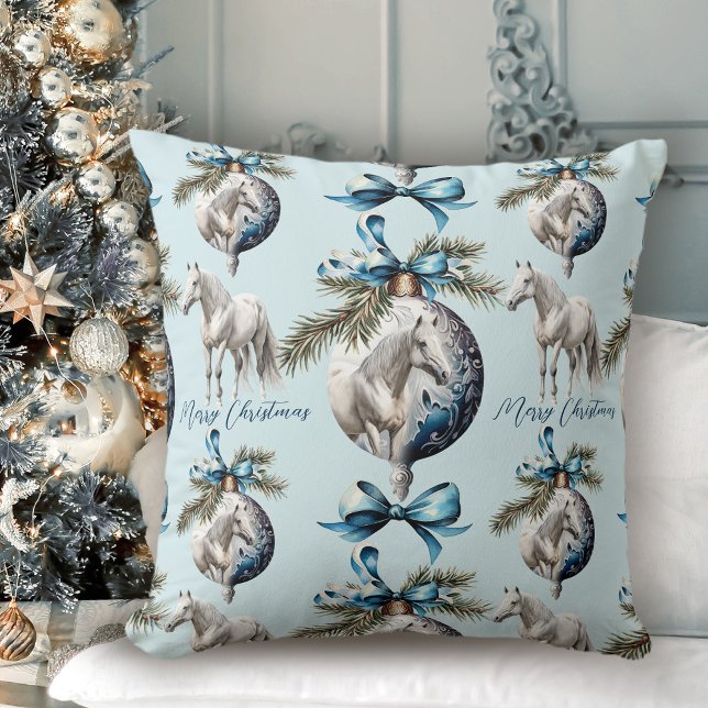 Coussin Élégant bleu Noël blanc cheval motif (Elegant blue Christmas white horse pattern Throw Pillow)