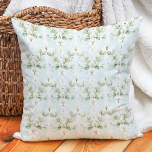 Coussin Élégant Bleu Sage Doux Botanique Floral Ivoire
