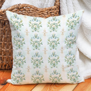 Coussin Élégant Bleu Sage Doux Ivoire Damassé Floral Vinta