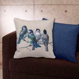 Coussin Elégant Blue Grey Birds aquarelle Faune
