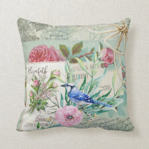 Coussin Elégant Blue Jay Bird Vintage rose floral et nom