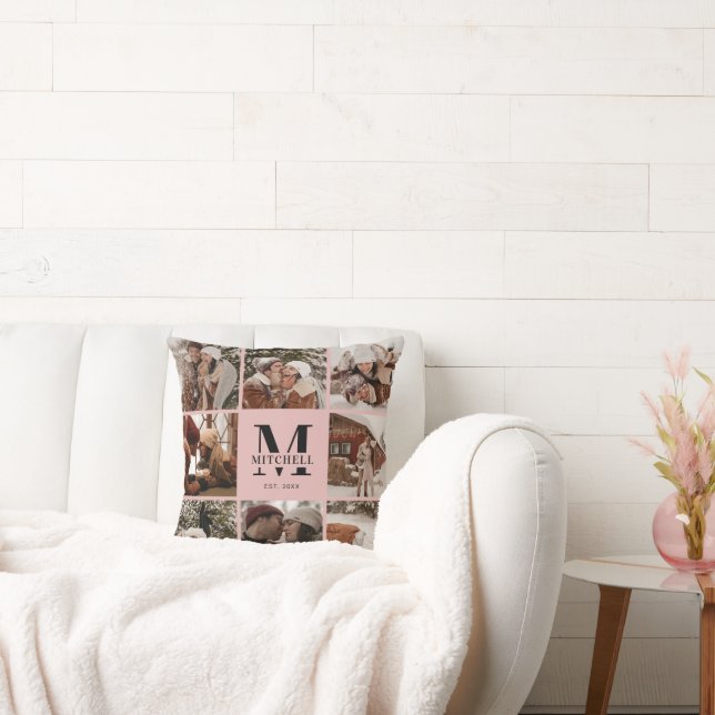 Coussin Élégant Blush Pink Famille Photo Collage Monogramm (Canapé)