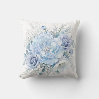 Coussin Élégant Bouquet Floral Bleu et Blanc de l'Hiver Fr