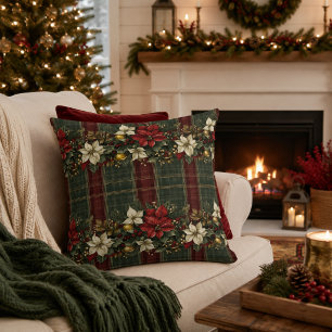 Coussin Élégant Bourgogne & Poinsettia à carreaux Noël