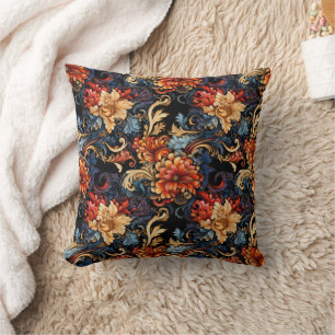 Coussin Élégant Burnt Orange Or Floral Noir