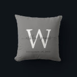 Coussin Élégant Cadeau de Mariage Gris Foncé Blanc Monogra<br><div class="desc">Élégant coussin de mariage souvenir avec votre texte en noir délavé écriture manuscrite chic calligraphie sur un fond gris foncé. Ajoutez simplement vos noms, monogramme et date de mariage. Excellent cadeau pour un jeune couple marié. Conçu exclusivement pour vous par Happy Dolphin Studio. Si vous avez besoin d'aide ou de...</div>