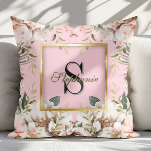 Coussin Elégant cadre en or floral Monogramme rose