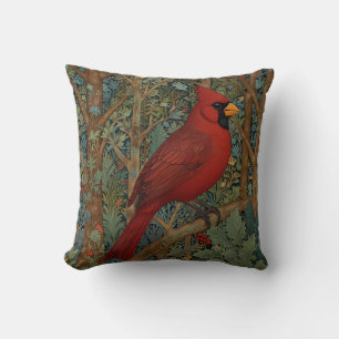 Coussin Elégant cardinal rétro Art Nouveau rouge oiseau
