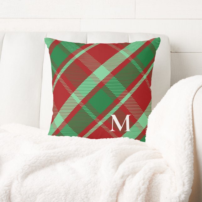 Coussin Élégant carreau de Noël rouge et vert gras (Créateur téléchargé)