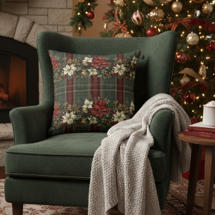 Coussin Élégant carreau rouge et vert Poinsettia rouge de