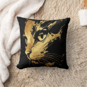 Coussin Élégant Chat Noir et Feuille d'Or Texturée (Couverture)