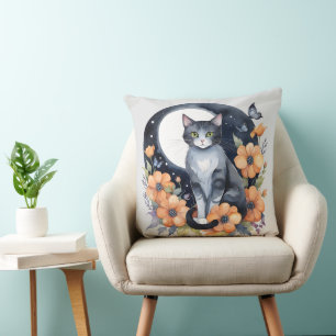 Coussin Élégant Chat noir Floral Moon Art Amoureux des cha