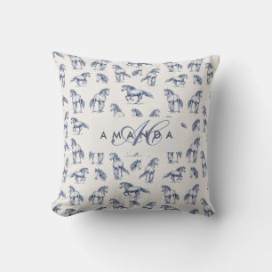 Coussin Élégant Cheval Bleu Monogramme Cadeaux Initiaux