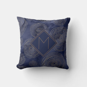 Coussin Élégant Chic Bleu Nuit Or Aquarelle Monogramme