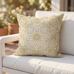 Coussin Élégant Chic Mandala Fleur d'Or sur Fond Blanc