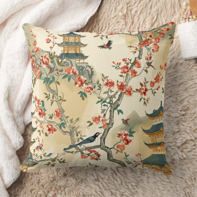 Coussin Elegant Chinoiserie - Pagodas, Blossoms, and Birds (Couverture)