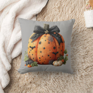 Coussin Élégant Citrouille d'Halloween avec cabot noir