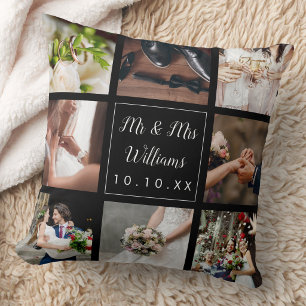 Coussin Élégant Collage Photo de Mariage Personnalisé