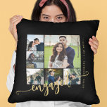 Coussin Élégant collage photo écriture or engagé couple<br><div class="desc">Black or moderne lancer oreiller modèle cadeau spécial gardien pour un couple engagé ou jeunes mariés avec six photos personnalisées et un script de calligraphie moderne. Personnalisez-le avec vos images et texte ! Veuillez noter que la couleur arrière - plan est modifiable. Vous pouvez remplacer le noir par n'importe quelle...</div>