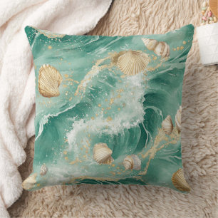 Coussin Elégant Corail Or & Coquillages Aquarelle Art (2)
