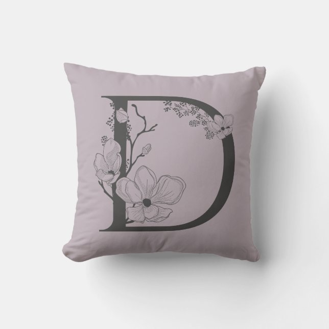 Coussin Élégant D Boho Floral Monogramme initial Lilac Gre (Recto)