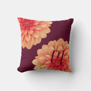 Coussin Élégant Dahlias Orange Fleurs Bourgogne Monogramme